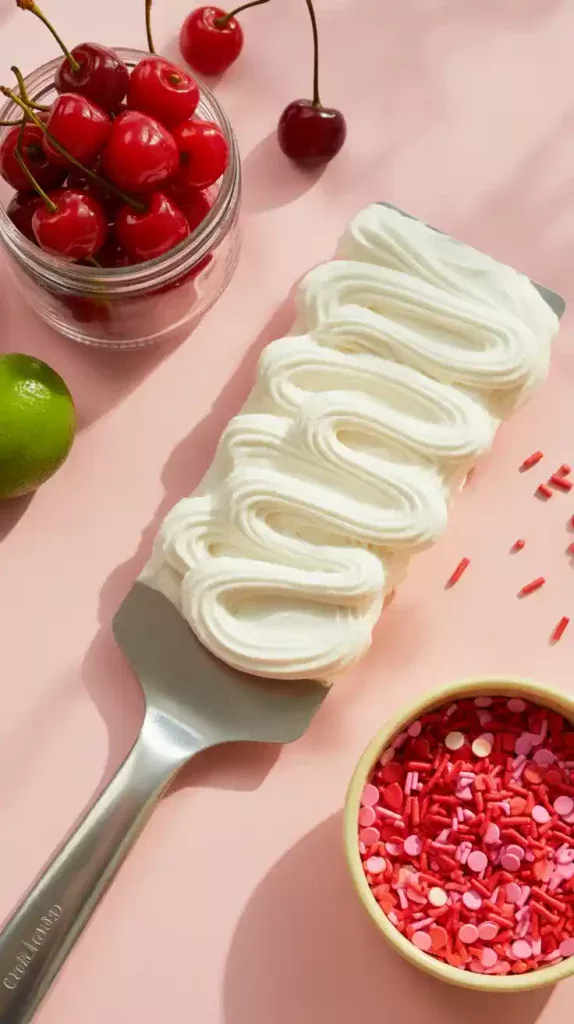 A flat lay collage showing the key elements for a fault line cake: sprinkles, a bench scraper, and maraschino cherries.