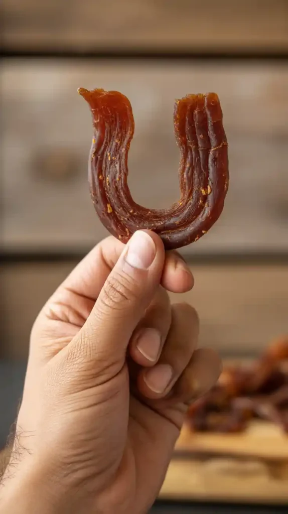 "A close-up image of a hand bending a piece of homemade chicken jerky to show its perfect, pliable texture."