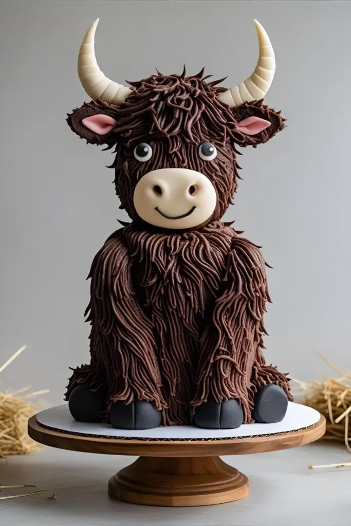 A complete, fully decorated Highland cow cake with chocolate fur and fondant horns on a cake stand." 