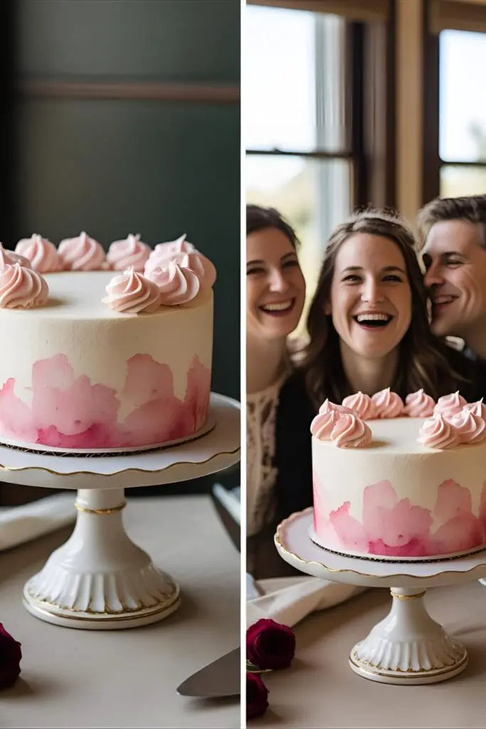 A diptych showing the beautiful guest cake on a stand, and a baby girl happily eating her smash cake.