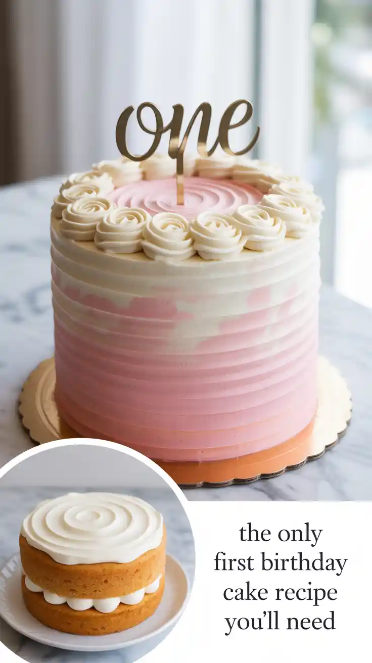A vertical Pinterest pin showing a beautiful pink watercolor first birthday cake for a girl, with an inset photo of the matching smash cake.