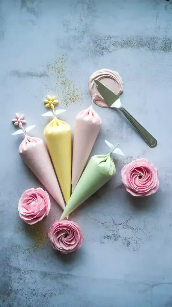 A flat lay collage showing the tools for creating a flower cake, including piping bags with flower tips, a palette knife, and fresh roses.