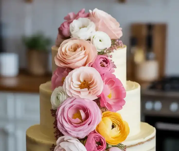 A Pinterest pin with the text "Your Guide to GORGEOUS Flower Cakes" over a photo of a beautiful cake decorated with fresh flowers.