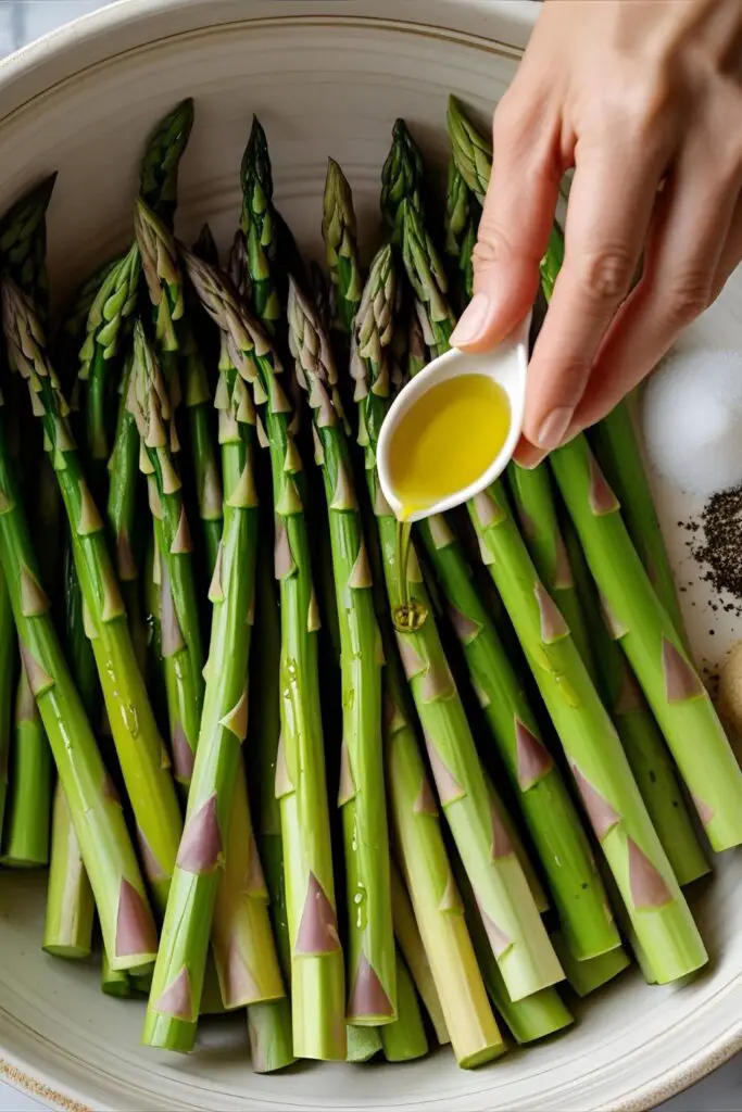 A fresh bunch of green asparagus spears on a wooden cutting board, ready for preparation