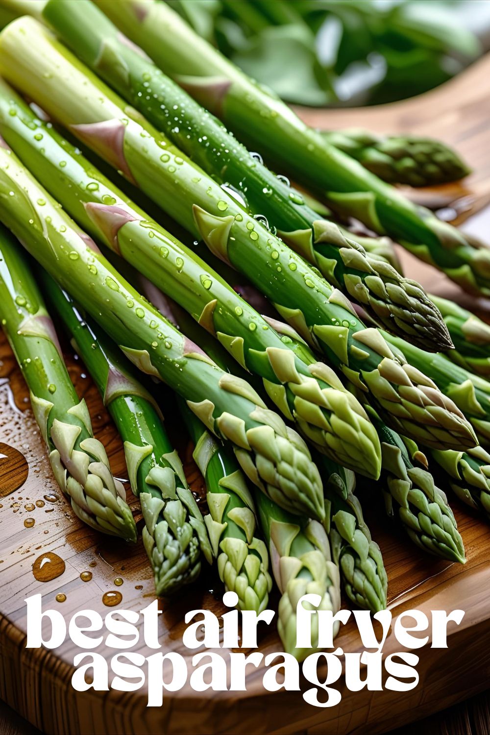 A fresh bunch of green asparagus spears on a wooden cutting board, ready for preparation.