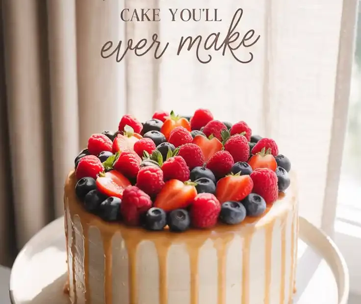 A Pinterest pin with the text "The Prettiest Cake You'll Ever Make" over a photo of a beautiful birthday cake covered in fresh fruit.