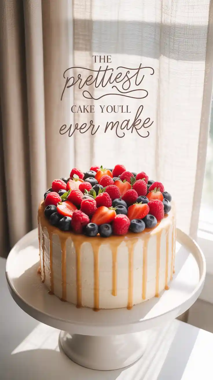A Pinterest pin with the text "The Prettiest Cake You'll Ever Make" over a photo of a beautiful birthday cake covered in fresh fruit.
