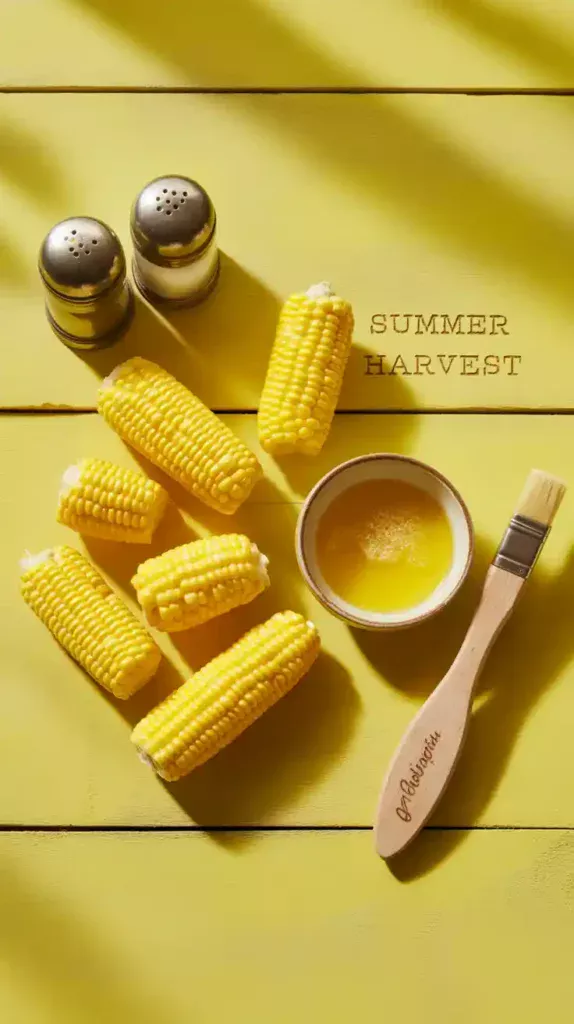 A flat lay collage of ingredients for air fryer frozen corn: frozen corn cobs, melted butter, salt, and pepper.