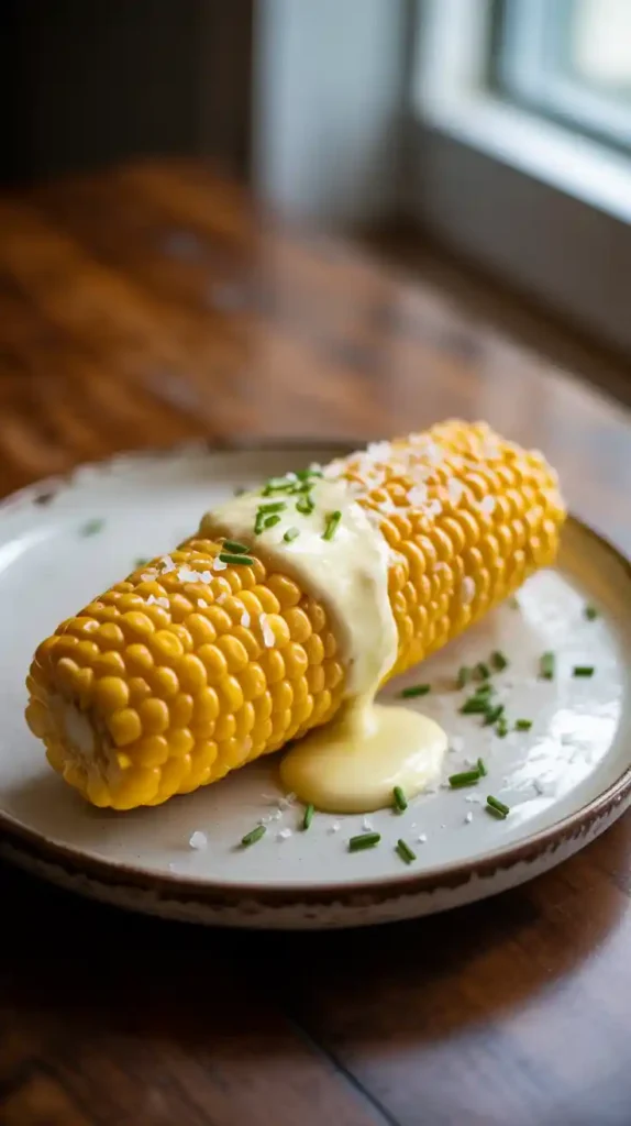 "A close-up image of a single ear of air-fried corn on the cob with a large pat of butter melting over the kernels."