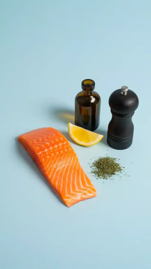 A flat lay collage showing the ingredients for cooking frozen salmon: a frozen fillet, olive oil, lemon, and dill.
