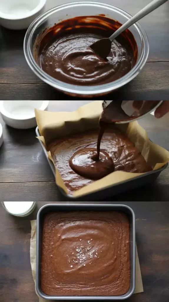 A collage showing the process of making fudgy brownies: the glossy batter in a bowl, the batter in the pan, and the final baked brownies with a crackly top.