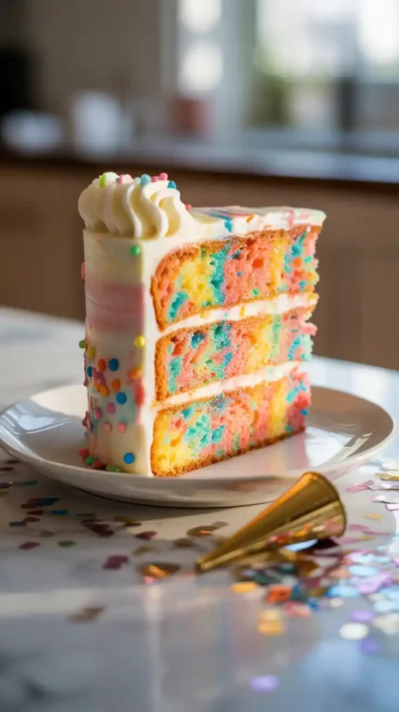 A close-up photo of a slice of funfetti birthday cake, highlighting the colorful sprinkles in the moist crumb and fluffy frosting.