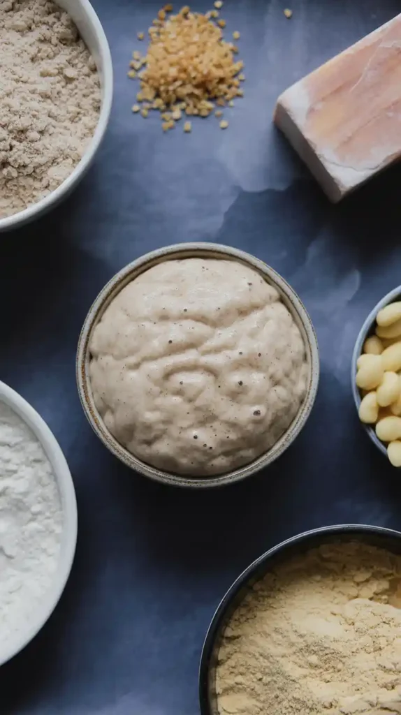 A flat lay of the ingredients for gluten-free sourdough bread, including various flours, psyllium husk, and a starter.