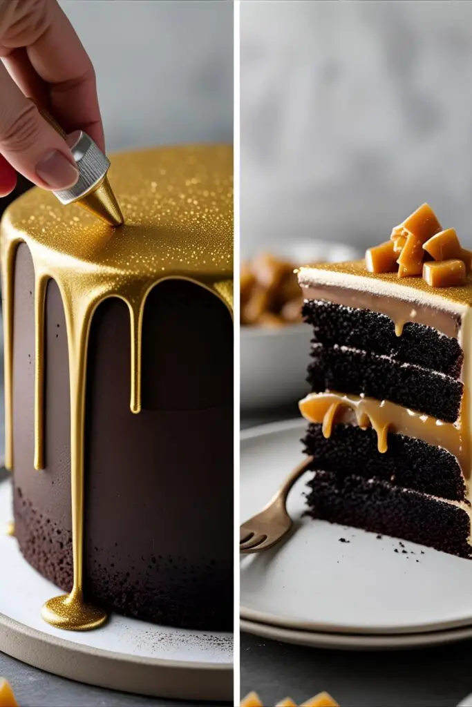 Two images showing the process of applying a gold drip and a finished slice of the chocolate caramel cake.