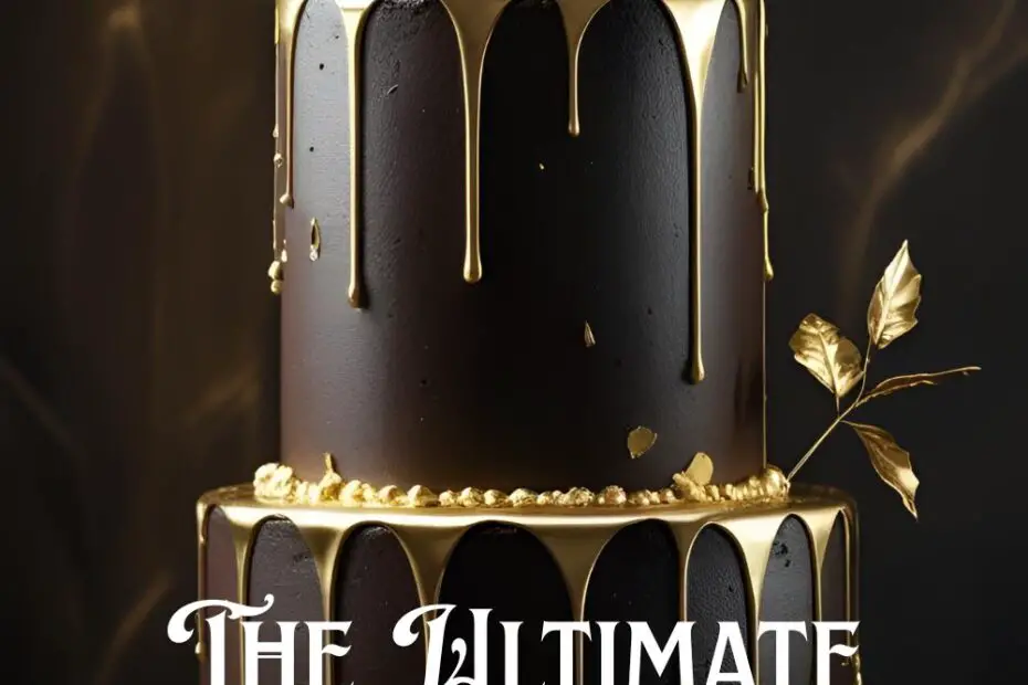 A luxurious dark chocolate cake with a gold drip and gold leaf, with the text overlay "The Ultimate Gold Birthday Kake".