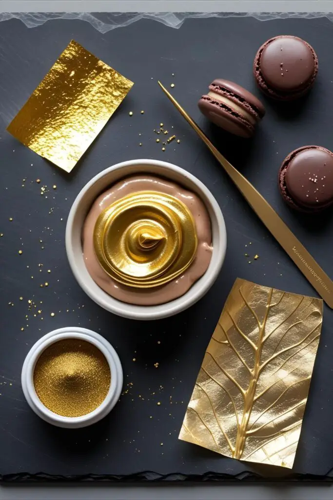  A collage of glamorous ingredients for decorating a gold birthday cake, including gold drip, gold leaf, and macarons.