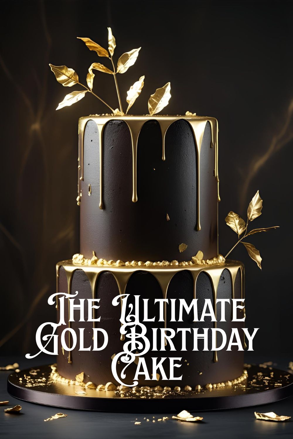 A luxurious dark chocolate cake with a gold drip and gold leaf, with the text overlay "The Ultimate Gold Birthday Kake".