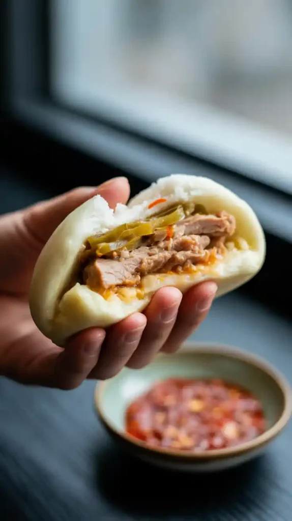 A close-up of a hand holding an air-fried pork bun broken in half, revealing the steamy, savory filling inside."