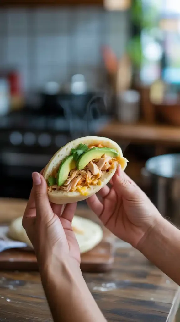 A close-up of two hands holding an arepa that is split open and stuffed with a delicious chicken and avocado filling."
