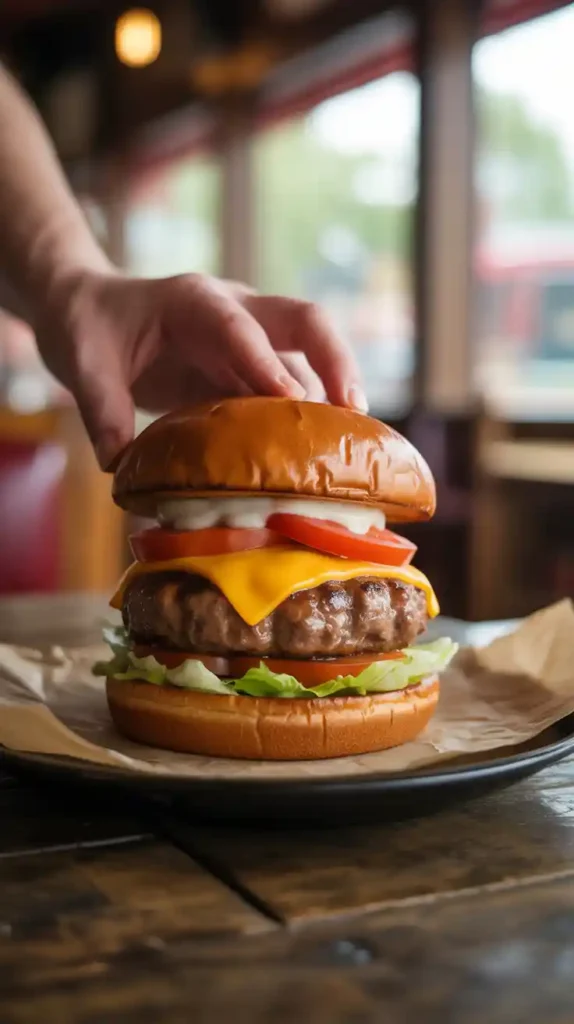 A close-up of a hand holding a juicy cheeseburger on a perfect, soft yet sturdy homemade brioche bun."