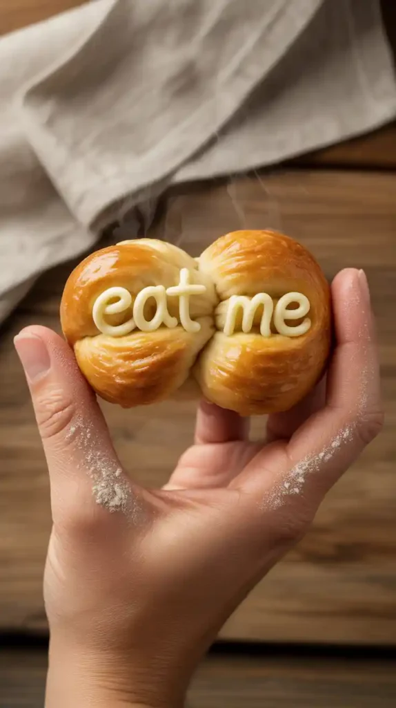 A close-up of a hand pulling apart a hot, crispy air-fried garlic knot to reveal the soft, steamy interior."