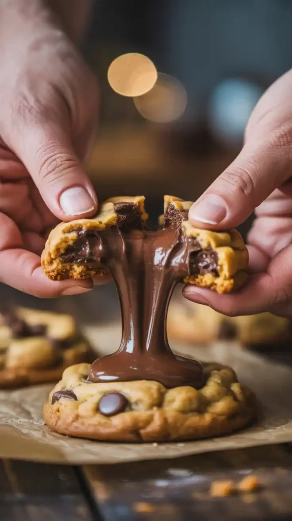 "A top-down view of four chocolate chip cookies baking on parchment paper inside an air fryer basket." and "A close-up image of hands breaking a warm chocolate chip cookie in half, revealing a gooey, melted center."