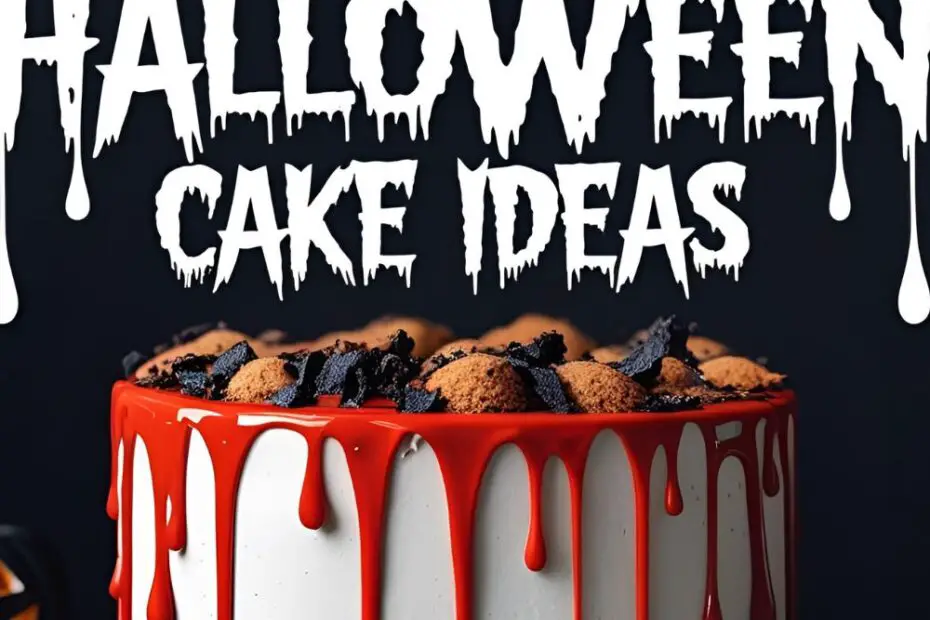 A vertical Pinterest collage pin showing three different Halloween cake ideas: a spiderweb cake, a graveyard cake, and a monster cake.