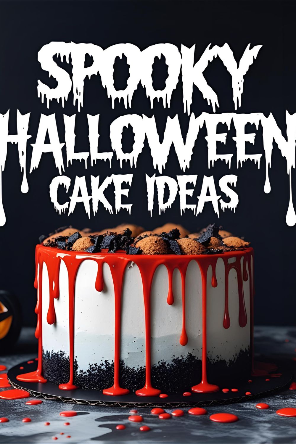 A vertical Pinterest collage pin showing three different Halloween cake ideas: a spiderweb cake, a graveyard cake, and a monster cake.