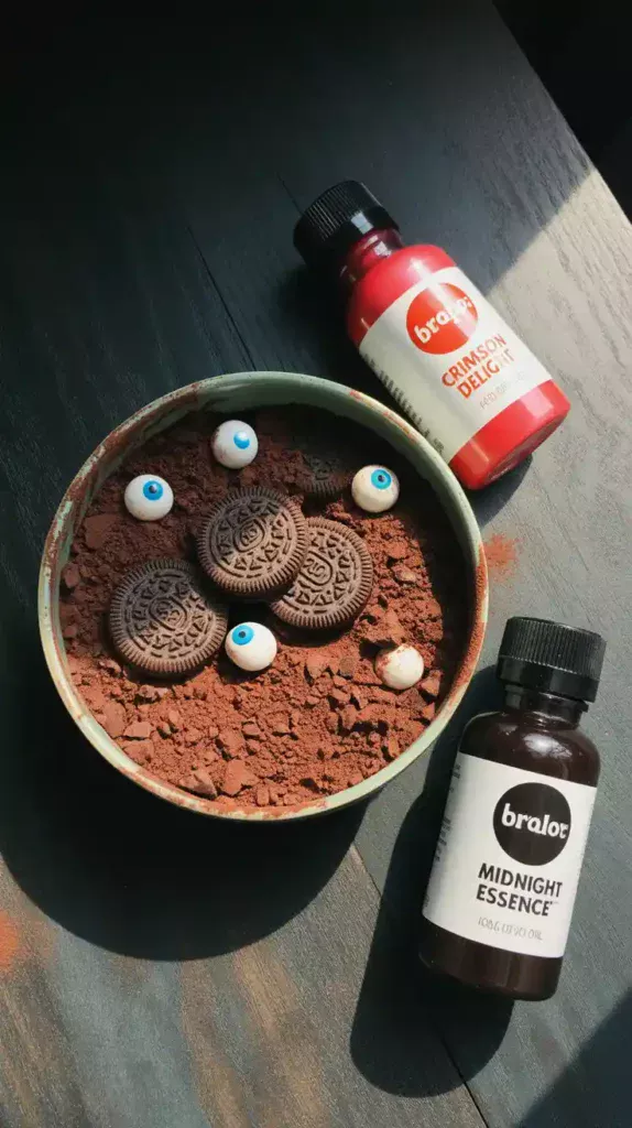 A flat-lay of spooky baking ingredients, including dark cocoa powder, black and red food coloring, and Oreo cookies.