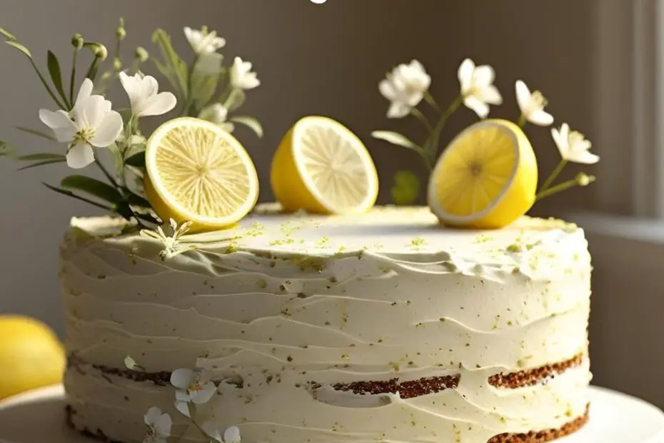 An elegant lemon cake decorated with fresh lemon slices and flowers with the text overlay "The Cake That Says It All: Happy Birthday Mom".