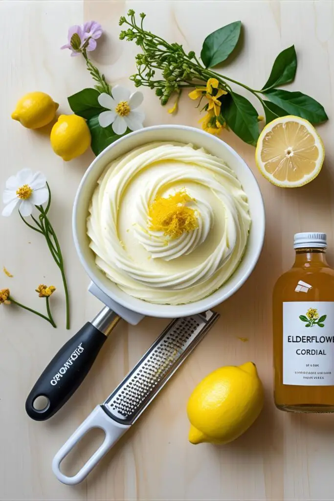 A collage of ingredients for a lemon elderflower cake, including fresh lemons, elderflower cordial, and edible flowers.