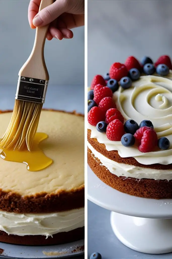 Two images showing the process of applying soaking syrup to a cake and the finished cake decorated with fresh berries.