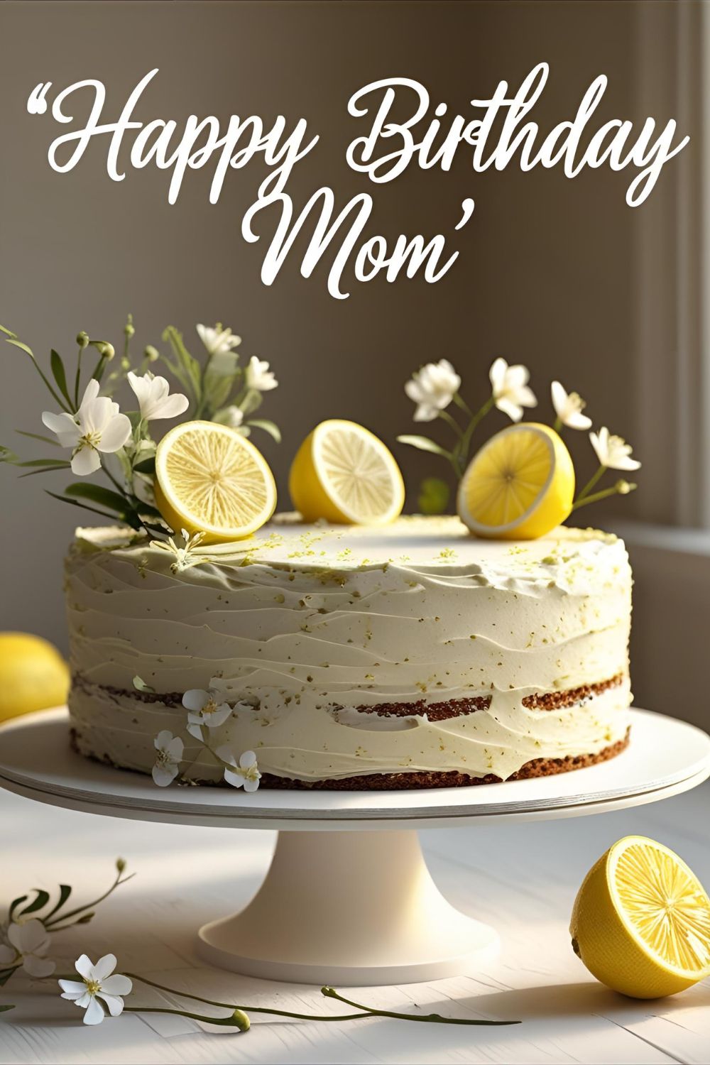 An elegant lemon cake decorated with fresh lemon slices and flowers with the text overlay "The Cake That Says It All: Happy Birthday Mom".
