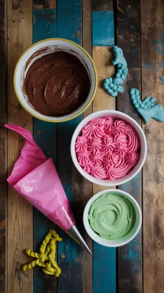 A collage of ingredients for the Harry Potter birthday cake, including chocolate batter and pink and green frosting.

