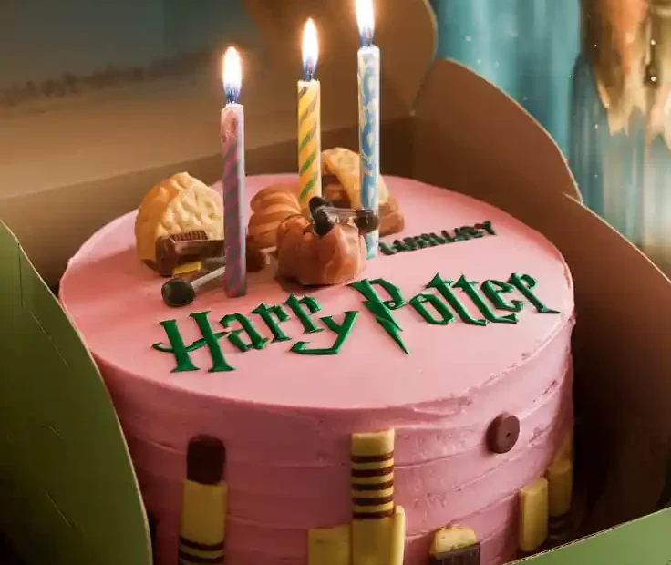 The iconic pink and green "Happee Birthdae Harry" cake in a box with a text overlay about the recipe.