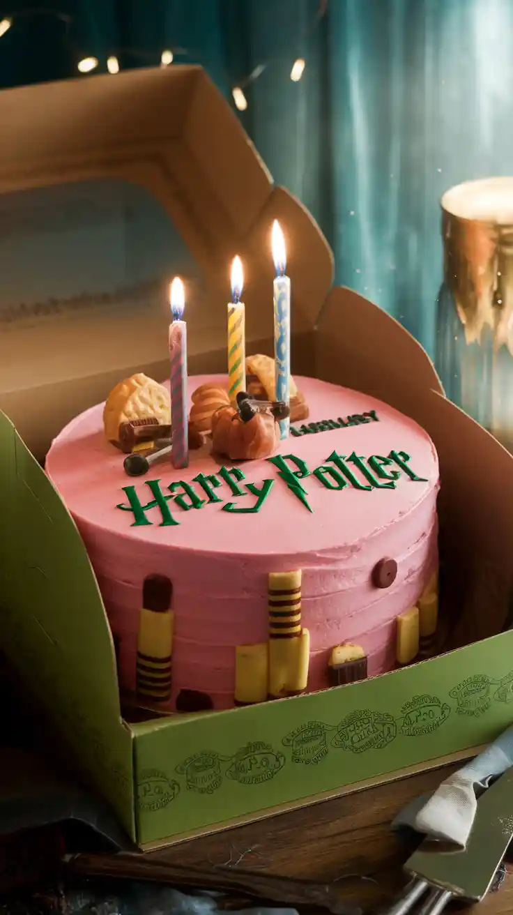 The iconic pink and green "Happee Birthdae Harry" cake in a box with a text overlay about the recipe.