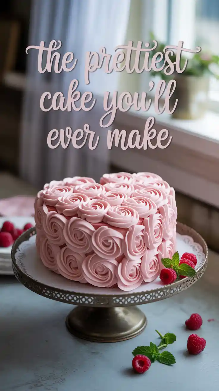 A Pinterest pin with the text "The Prettiest Cake You'll Ever Make" over a photo of a beautiful, vintage-style heart-shaped cake.