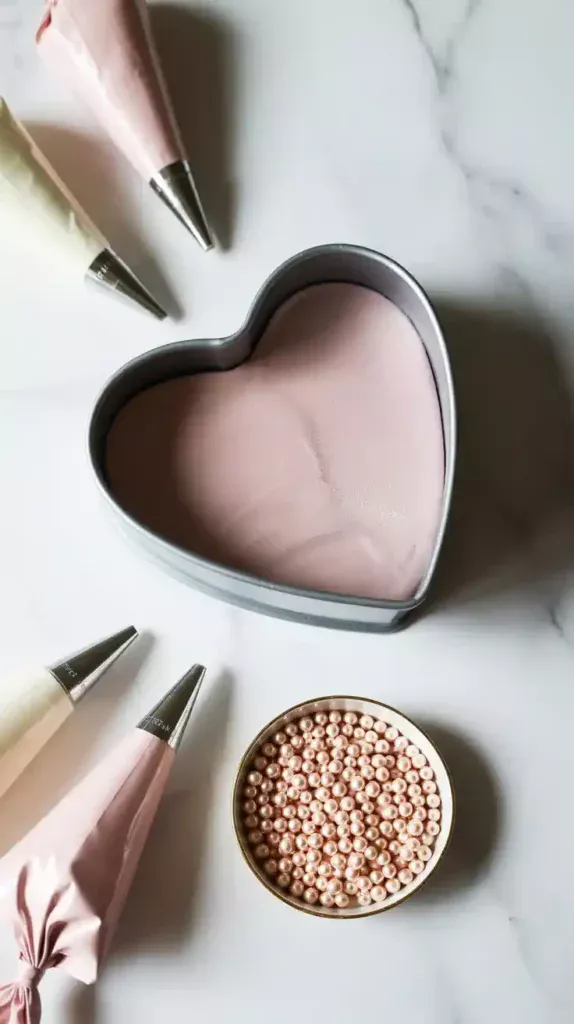 A flat lay collage showing a heart-shaped cake pan, piping bags with pink frosting, and edible pearls for decorating.