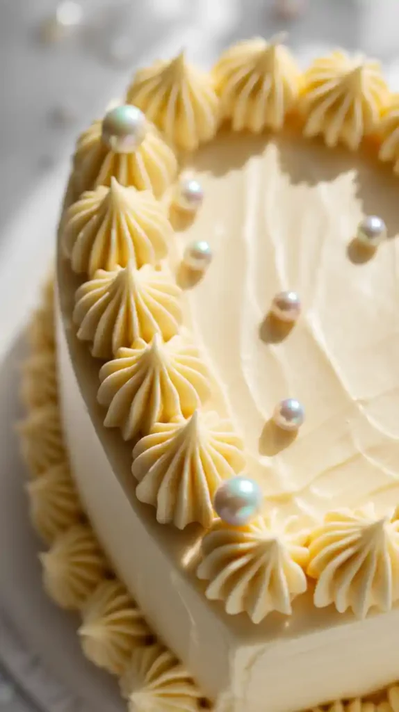 A close-up image showing the intricate shell border and detailed piping on a heart-shaped cake."