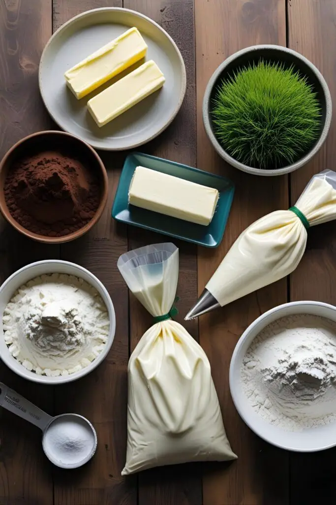 A flat lay collage of ingredients needed for a Highland cow cake, including cocoa powder, butter, fondant, and a piping tip.