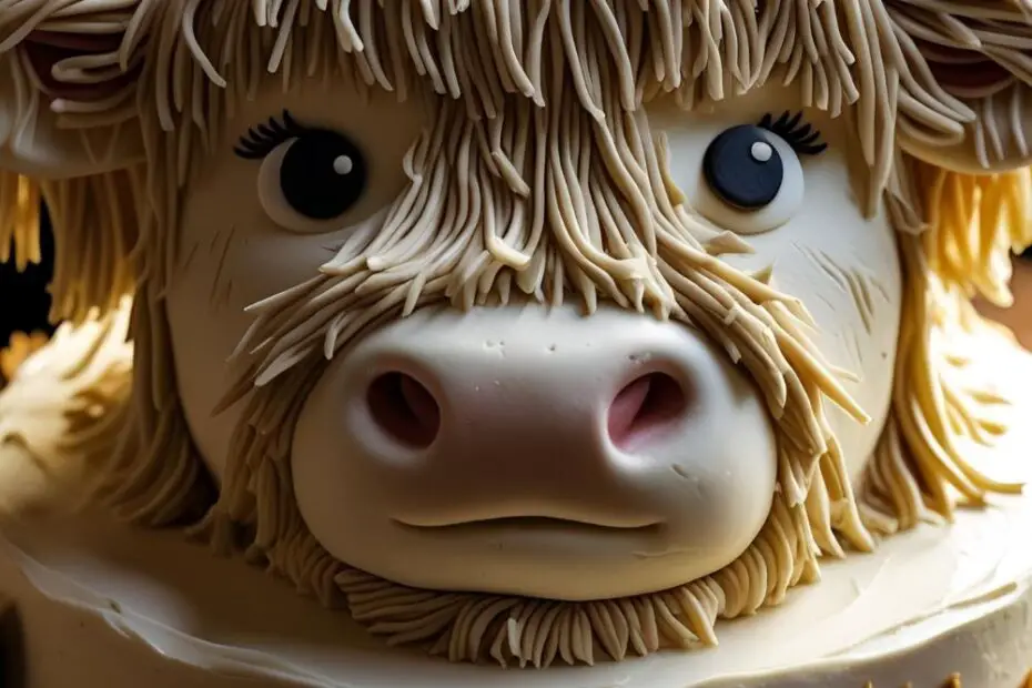A Pinterest pin with text overlay reading "How to Make a Highland Cow Cake" over a picture of the finished, adorable cake.