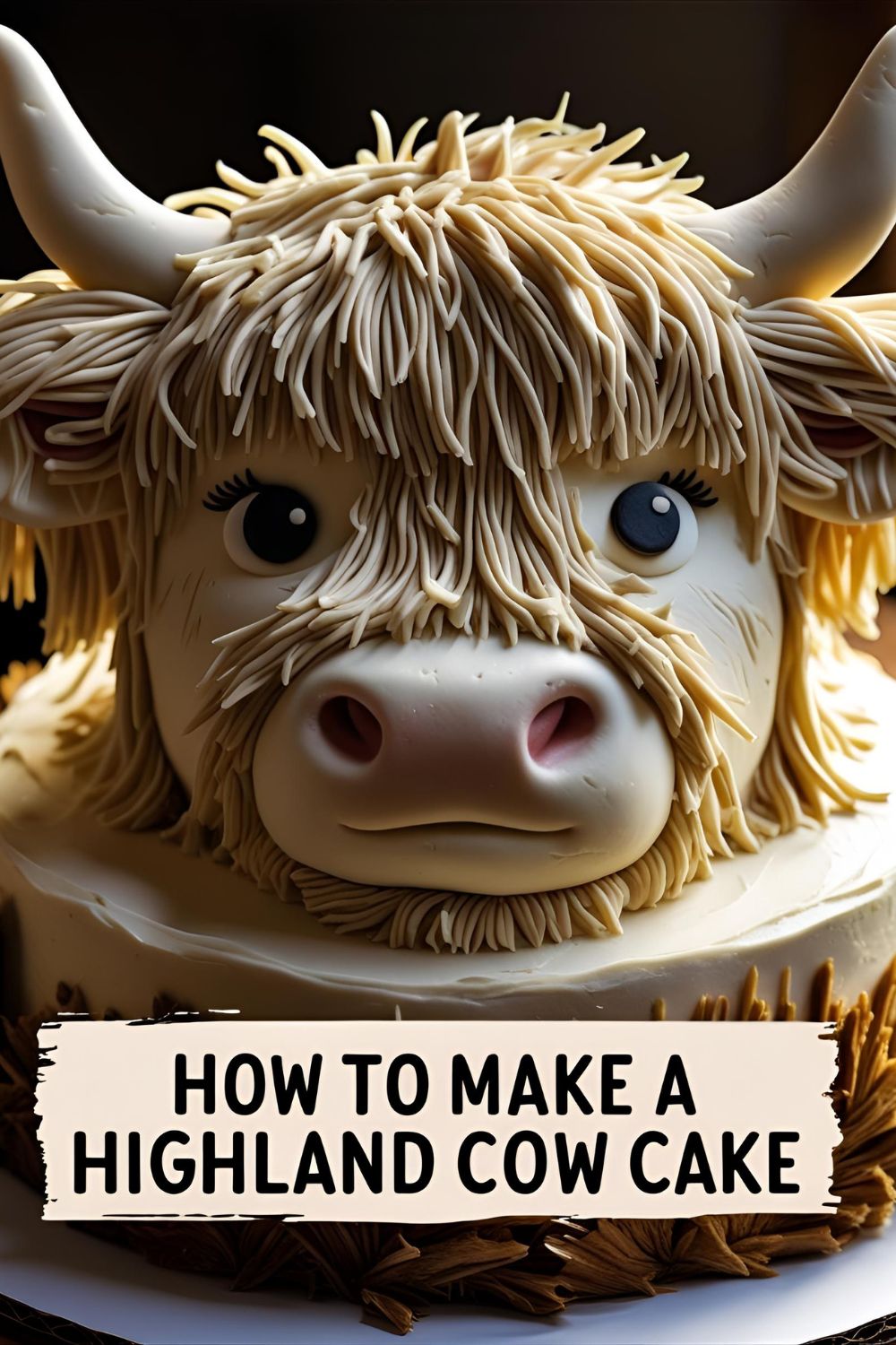 A Pinterest pin with text overlay reading "How to Make a Highland Cow Cake" over a picture of the finished, adorable cake.