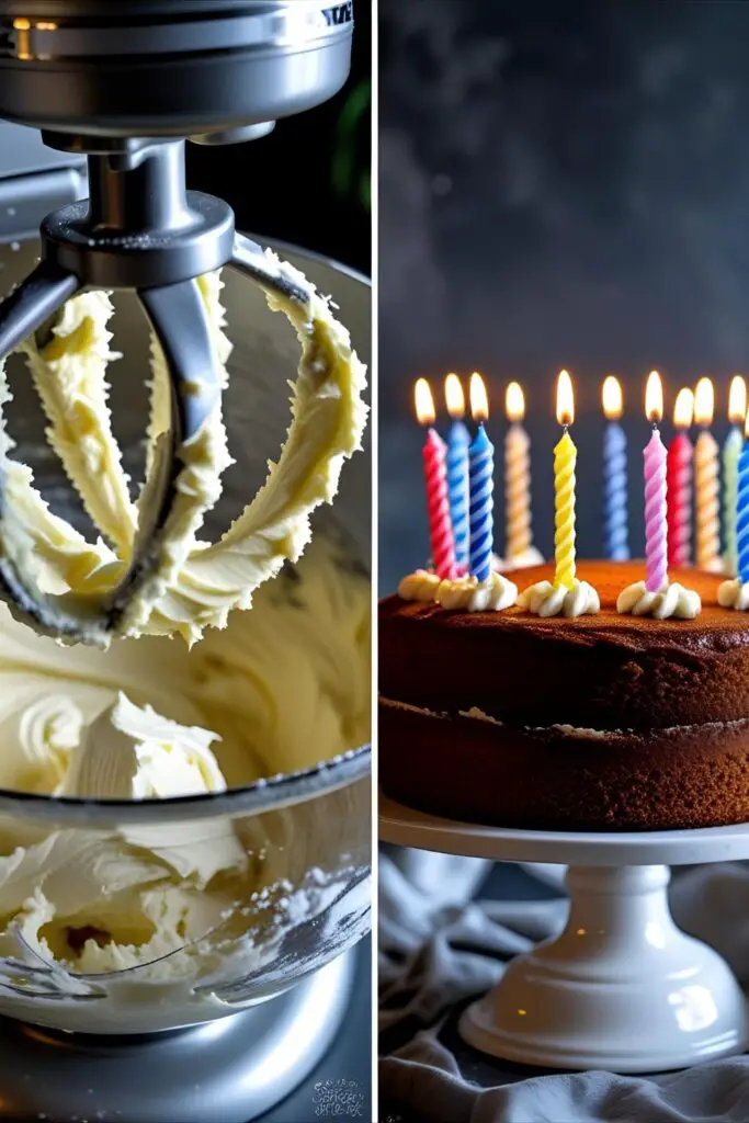 Two images showing the process of creaming butter and sugar and the finished homemade birthday cake with lit candles.