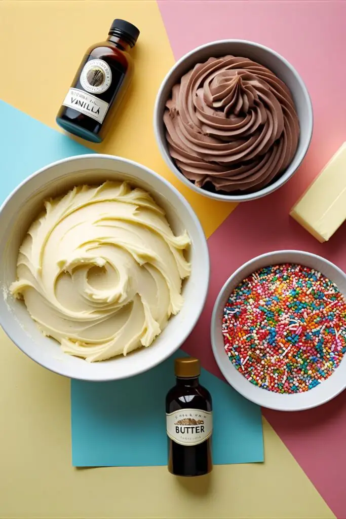  A collage of classic ingredients for a homemade birthday cake, including butter, vanilla, and rainbow sprinkles.
