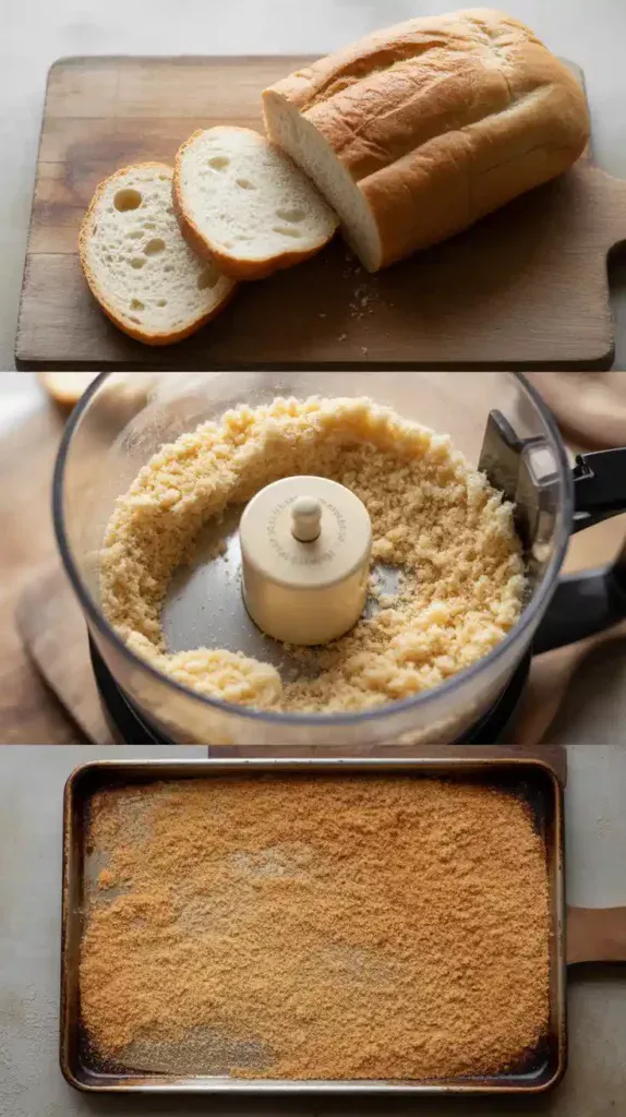 A collage showing the process of making homemade bread crumbs: the stale bread, the bread in a food processor, and the toasted crumbs on a baking sheet.