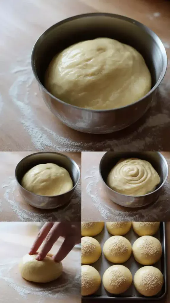 A collage showing the process of making burger buns: the risen dough, shaping the buns, and the final proof before baking.