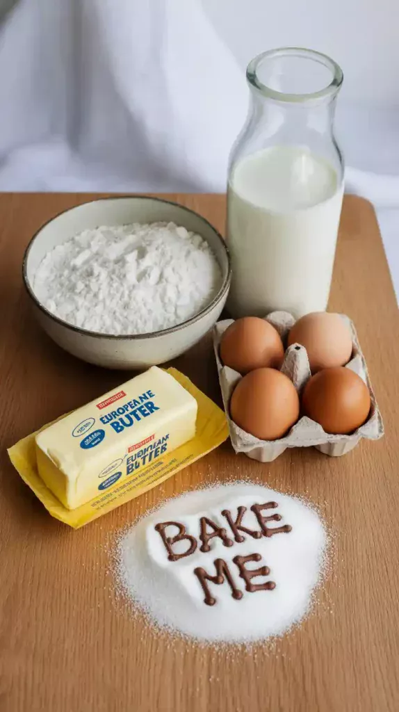 A flat lay of ingredients for a homemade cake, including flour, butter, sugar, eggs, and milk, arranged neatly on a wooden surface.