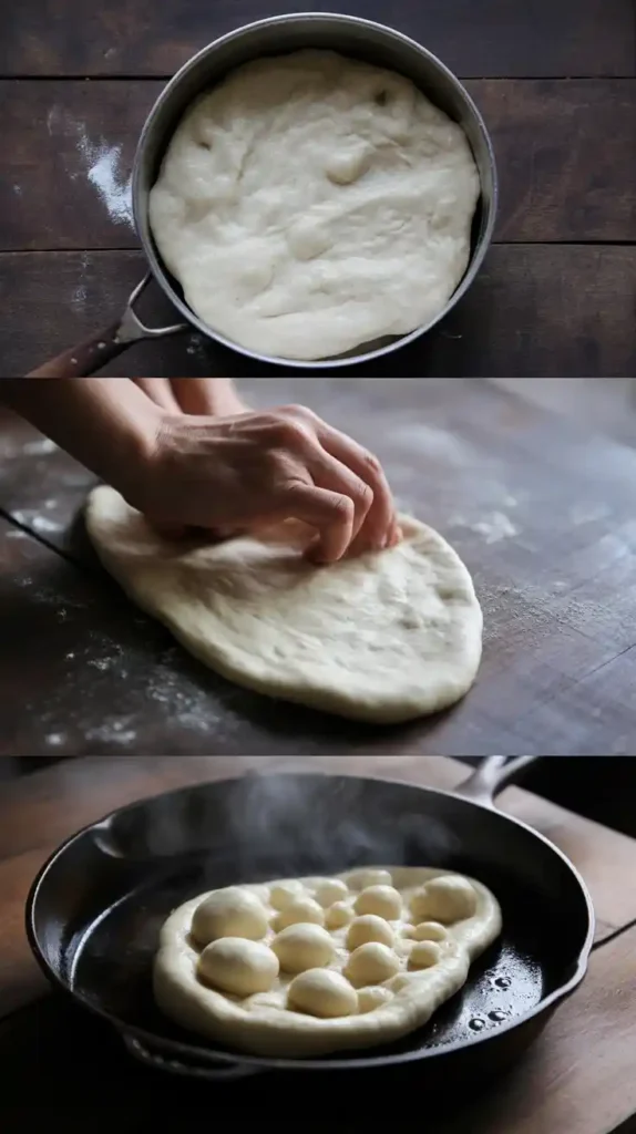 A collage showing the process of making naan bread: the risen dough, rolling it into a teardrop shape, and the naan puffing up in a hot skillet.