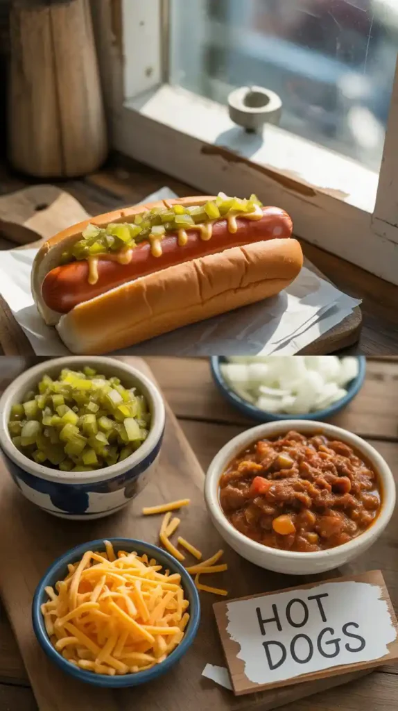 A flat lay collage showing various hot dog toppings like chili, cheese, onions, and relish in small bowls.