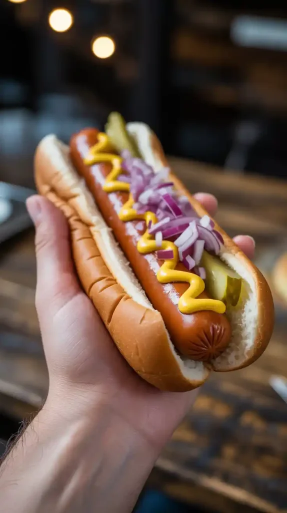 "Two hot dogs being cooked inside their toasted buns within an air fryer basket." and "A close-up image of a hand holding a perfectly cooked air fryer hot dog, ready to be eaten."